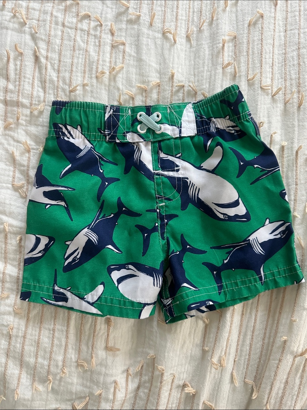 Circo Green Shark Print Swim Shorts with Navy and White Sharks